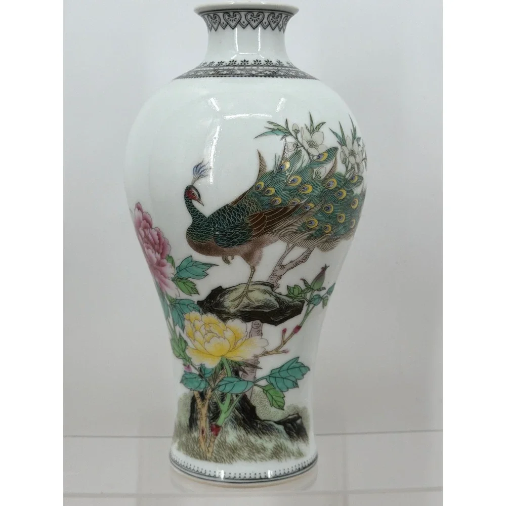 Vintage Jingdezhen Chinese‎ Porcelain Peacock Peony Vase Calligraphy White 10